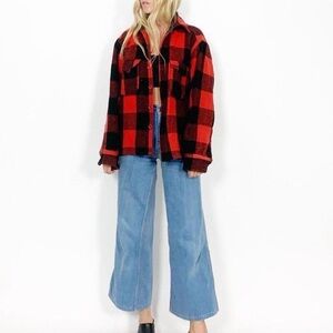 Vintage 60s 70s wool red buffalo plaid flannel shirt jacket shacket overshirt L